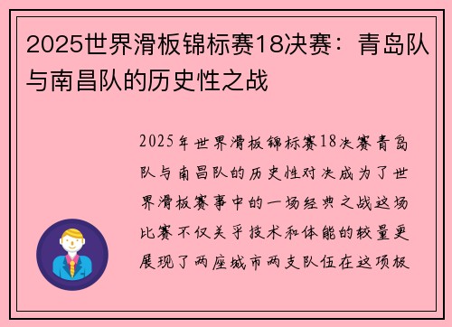 2025世界滑板锦标赛18决赛：青岛队与南昌队的历史性之战